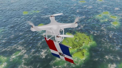 The Drone Flying With Dominican Republic Flag Above The Sea