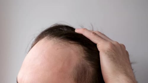 Man running his hand through his hair on gray background, side view.