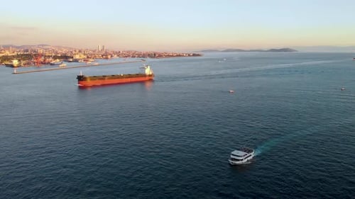 Aerial view of the Bosphorus strait in Istanbul - Turkey Boats - Oil Tanker Ship