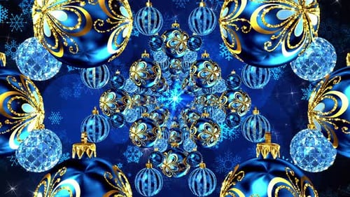 Elegant Blue and Gold Christmas Ornaments with Snowflakes Looping Background