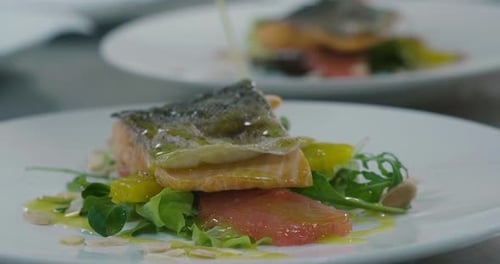 Salmon Salad Plate Being Dressed With Oil