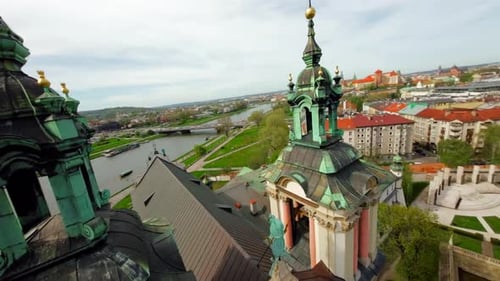 Agile Flight Around the Church on Skalka in Krakow Early Morning Cracow Poland