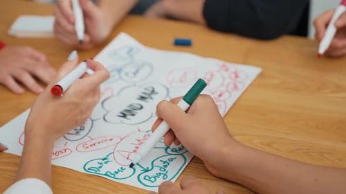 Team Brainstorming Mind Map on Table with Markers