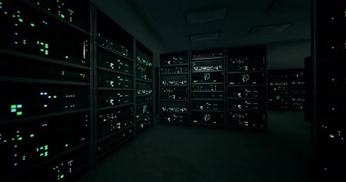 Dunkler Serverraum voller blinkender Lichter und High-Tech-Ausrüstung