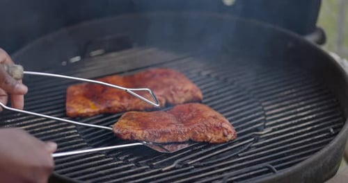 Meat Cooking on a Smoking Barbecue Grill