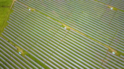 Aerial View of Solar Power Plant Electric Panels for Producing Clean Ecologic Energy