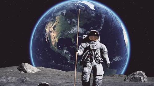 3D Astronaut Walking on Moon With Rotating Earth View