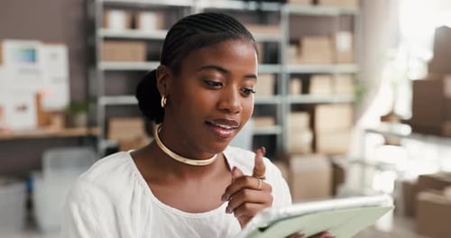 Supply chain, happy and black woman on tablet in office for online order, distribution or logistics