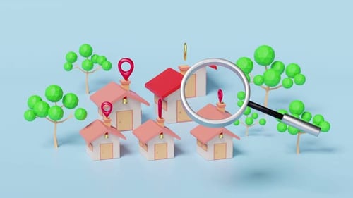 3D Illustration of Houses with Magnifying Glass for Real Estate Search
