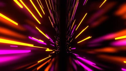 Schmaler, hoher futuristischer Korridor in Rosa und Orange mit abstraktem Neonlichthintergrund VJ Loop in 4K