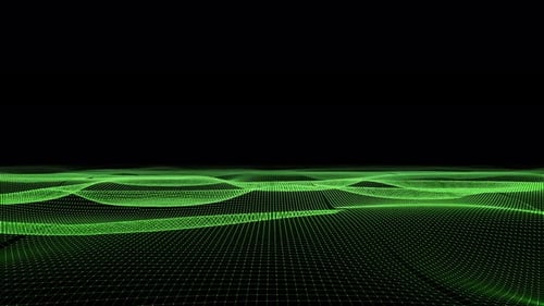 Futuristic Green Wireframe Grid Wavy Surface Background