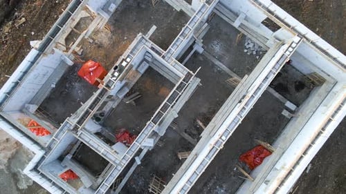 Aerial View of Unfinished Frame of Private House Foundation Under Construction