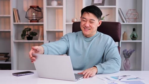 Relaxed Asian Satisfied Businessman Happy Man Finish Computer Work Close Laptop