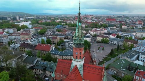 Aerial Panorama of Podgorze District in Krakow with View of Royal Wawel Castle