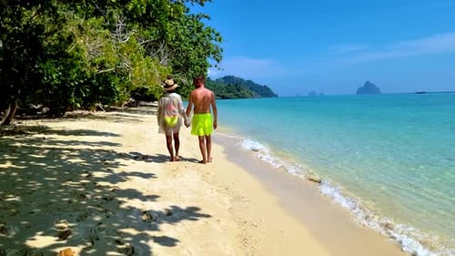 Couple Walking Hand-in-Hand on Tropical Beach