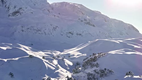 Aerial View of Snowy Mountain Landscape and Forest Under Winter Sunlight