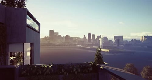 Vista del horizonte urbano desde un edificio moderno a la luz de la tarde