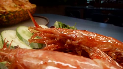 Macro View of Prawns in Restaurant of Exotic Cuisine Closeup View of Tasty Shrimps and Pineapple