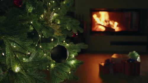 Decorated Christmas Tree and Fireplace Holiday Scene