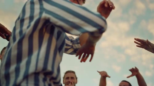 Bottom View Cheerful Guy Dancing with Multiethnic Friends at Open Air Party