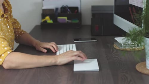 Woman Working Hands Using White Touchpad Keyboard Computer Home Office Workplace