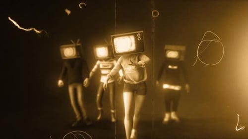 Hypnotic Spiral TV Head Figures Walking with Grunge Retro Effects