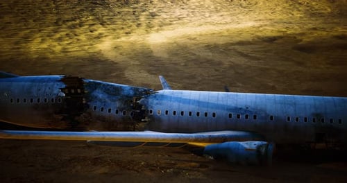 Wreckage of a Commercial Airplane Abandoned in a Desert Landscape at Sunset