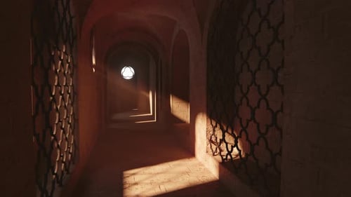 Mittelalterliche Tunnelanimation, bewegtes Sonnenlicht, Gottesstrahlen in atmosphärischer Tiefe