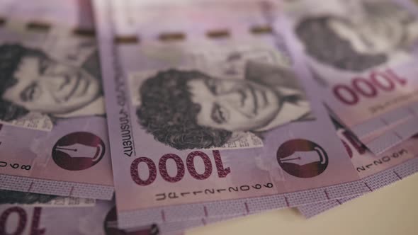 Man Counting Armenian Money Close Up Armenia Dram Amd Banknotes Tourist ...