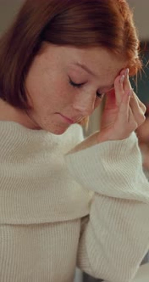 Girl, headache or difficult test in classroom with stress from education burnout
