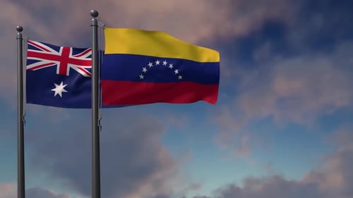 Australia and Venezuela National Flags Waving on Flagpoles