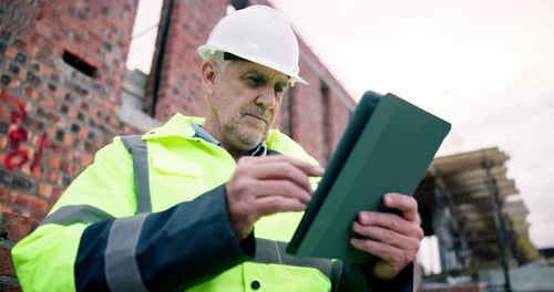 Engineer, man and thinking on construction site with tablet, industrial work and safety compliance