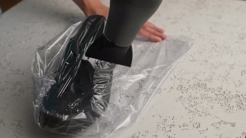 Detail Cropped Shot of Unrecognizable Man Warming Up Shrink Wrap on Sneakers Inside for Careful