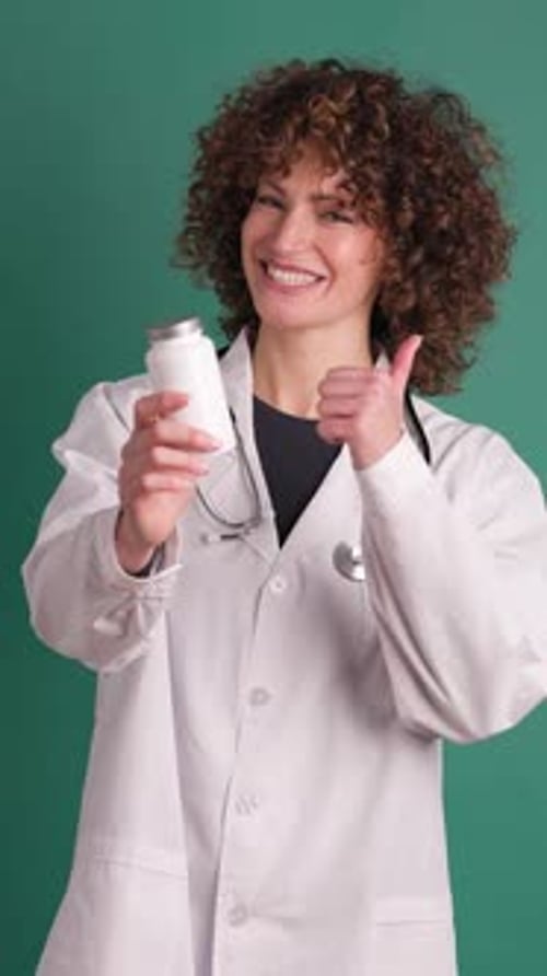 Cheerful Woman Doctor Offering Medicine Bottle with Thumb Up Vertical Footage