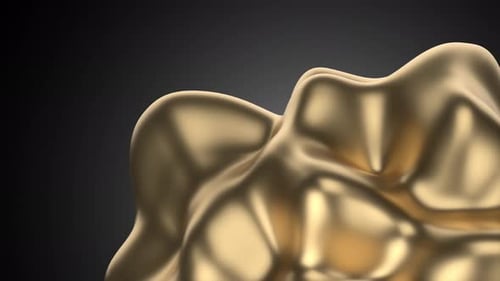 Moving shiny golden abstract fluid organic shape object on dark black background. Animation loop.