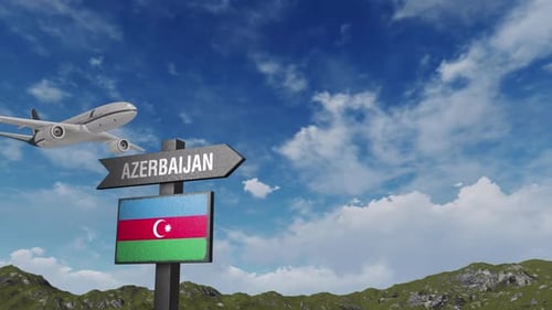 Azerbaijan Flag With Airplane And Arrow Sign
