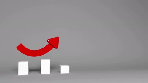 3D Business Growth Bar Chart with Red Arrow