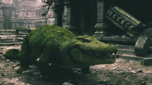 Crocodile majestueux reposant dans d'anciennes ruines entourées de feuillage vert