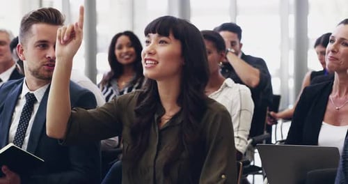 Business people, audience and question in workshop training, meeting or conference presentation