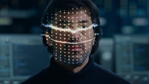 Handsome Middle Aged Man is Identified by Biometric Facial Recognition Scanning Process. Futuristic