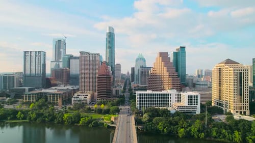 Aerial drone shot of Austin Texas' Congress Avenue bridge overlooking the Texas State Capitol and do