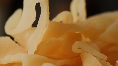 Dry Squid Snack Closeup Macro Dried Shredded Squid is a Dry Shredded Seasoned Seafood Product Made