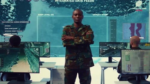 Portrait Confident Military General with Camo Uniform in Mission Control Center