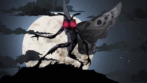 Animated Mothman Cryptid with Glowing Red Eyes under a Full Moon