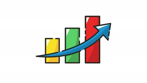 Money icon animation bar chart with a blue arrow pointing up showing financial growth.looping