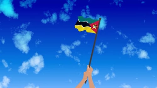 Animated Hands Waving Mozambique National Flag in Blue Sky