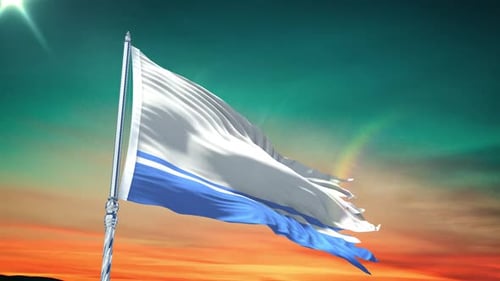 Realistic Waving Flag Against Dramatic Sunset Sky