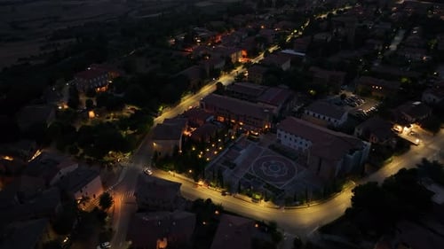 Night Aerial View of Medieval Pienza Town in Tuscany Siena Province Italy