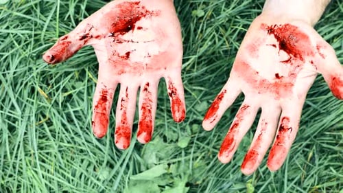 Primer plano de las manos de un hombre cubiertas de sangre