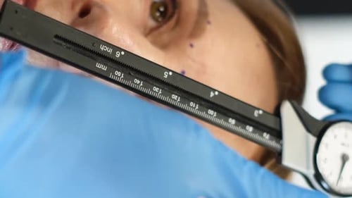 Closeup of a Plastic Surgeon Examining a Retired Woman He Uses a Caliper Vertical Video